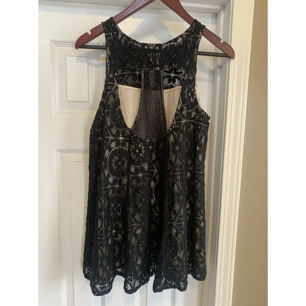 Free People Crochet Lace Mini Dress Black Nude Lining Elegant XS
